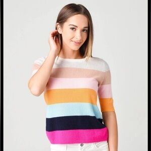 White + Warren Women's Cashmere Tilda striped Sweater elbow sleeve Tee shirt